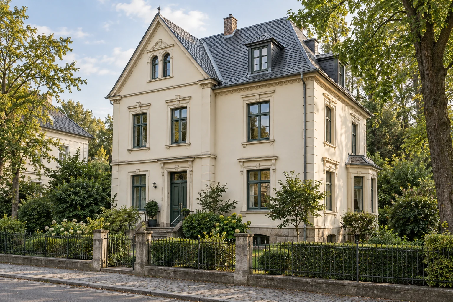 Historisches Wohnhaus mit gegliederter Putzfassade, Holzfenstern und begrüntem Vorgarten